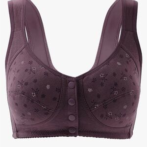 NWOT Womens Purple Floral Print Wireless Breathable Bra With 4 Front snaps